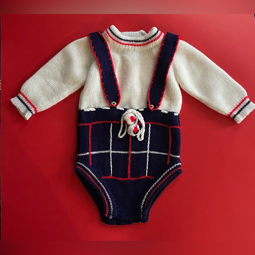 Vintage 60s Adorable Red, White, and Navy Knit Romper